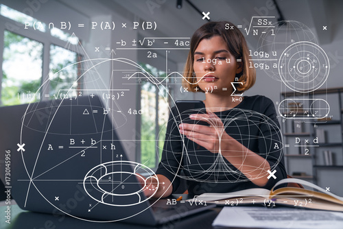 Wallpaper Mural Woman solving complex mathematical equations on smartphone with scientific graphics overlayed in modern office environment background concept scene. Torontodigital.ca