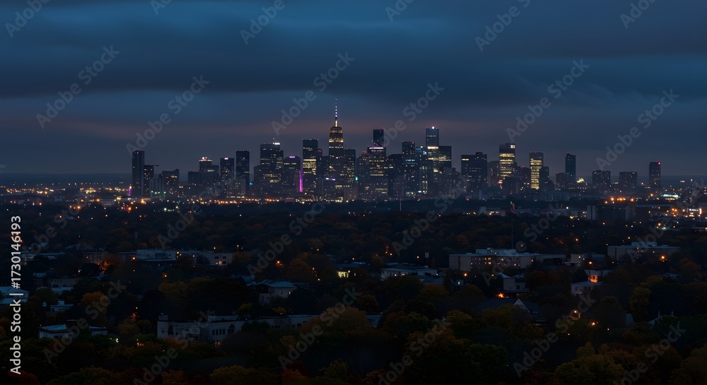 Fototapeta premium Illuminated NYC skyline beneath cloudy sky, with forested autumn landscape reflecting city lights