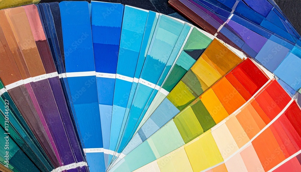 Fototapeta premium Fan-like arrangement of color swatches—each displaying gradient shades within blue, green, yellow, orange, red, and purple families, organized to showcase full spectrum, evoking design precision, visu