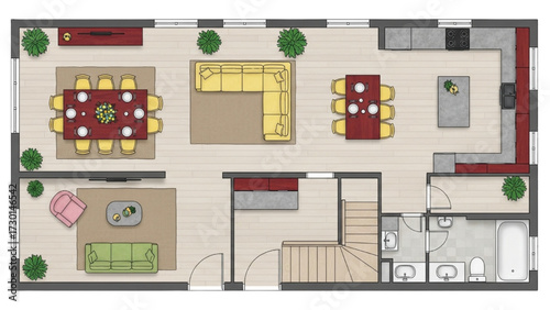 Modern House Floor Plan Top-Down Illustration – Living Room, Dining, Kitchen, Bathroom, Staircase, Interior Layout Design