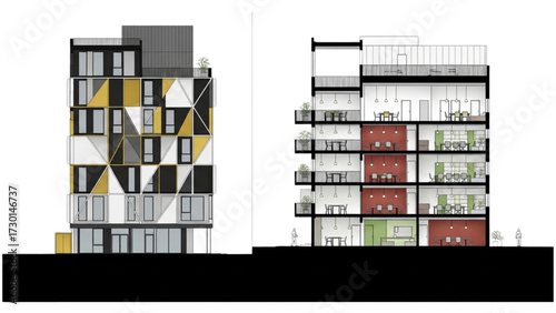Modern Office Building Cross-Section and Facade Illustration – Multi-Story Architecture with Interior Layout and Geometric Design