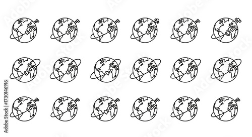 A grid of simple line art icons showing the Earth with an airplane orbiting it, representing global travel or aviation.