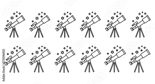 Illustration of ten telescopes on tripods, each pointed towards a starry sky, representing astronomical observation.