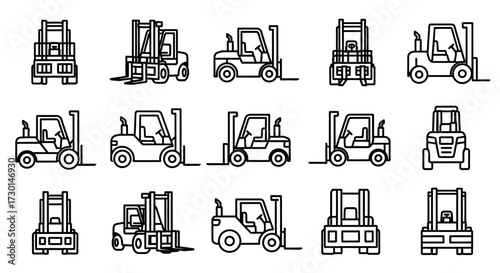 Collection of forklift truck line art illustrations.