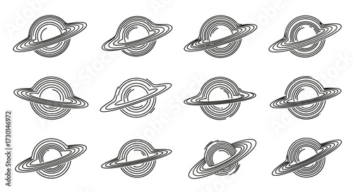 A set of twelve black and white line art illustrations depicting black holes with swirling accretion disks on a white background.