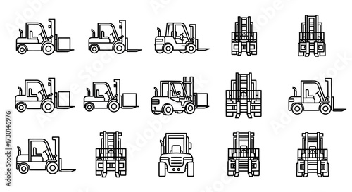 A collection of line art illustrations of forklifts shown from various angles and perspectives.