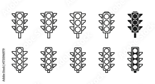 Collection of black and white traffic light icons in various styles, including outline and filled designs, for road safety and urban navigation.