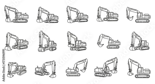 Illustration of various excavator machines in different positions, showcasing construction equipment.