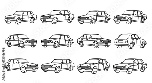 Line art illustration of twelve classic sedan cars in rows.