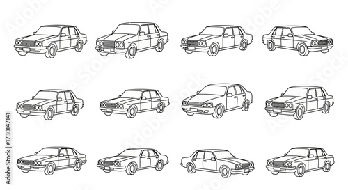 A collection of twelve detailed line drawings of vintage sedans, arranged in three rows of four.