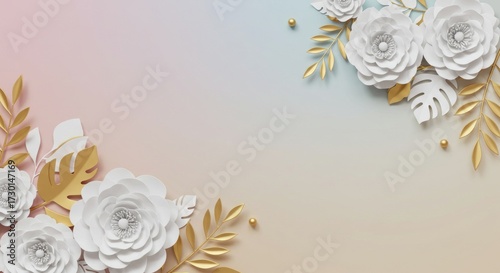 White blossom wallpaper on a pastel gradient background — modern romantic floral mural with a soft watercolor glow.