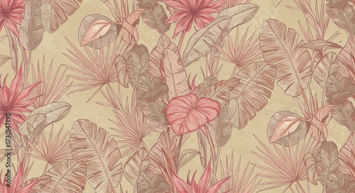 Vintage botanical wallpaper with pink leaves on rustic paper — delicate floral mural in watercolor wash.