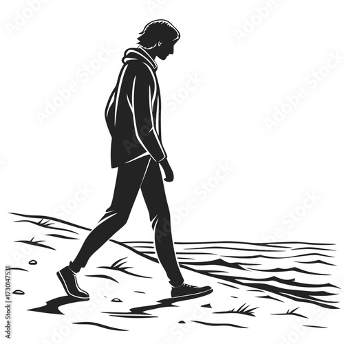 A solitary figure in a hooded jacket walks along a sandy beach with gentle waves lapping the shore in a striking black and white silhouette illustration