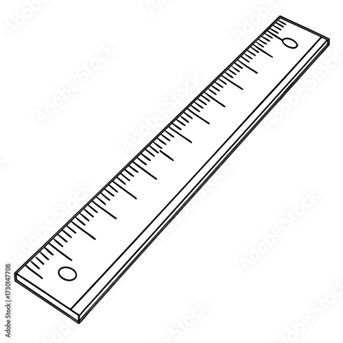 A simple black and white line drawing illustration of a wooden ruler with measurement markings and two holes at the ends on a plain white background