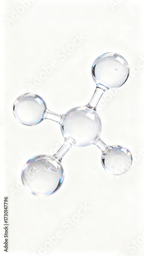 A transparent glass molecular structure model, featuring a central sphere connected to four outer spheres, isolated against a clean, The model is sleek and crystal clear