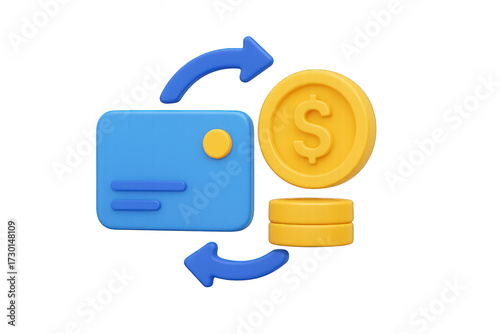 Digital financial transaction with card, coins, and currency symbol in a 3D design style