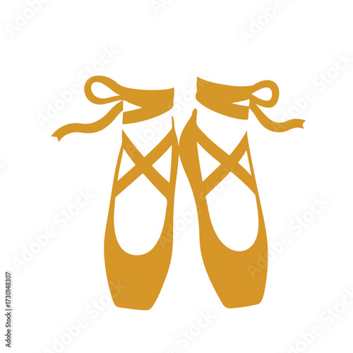 Golden ballet shoes stand, ribbons dangling on white background
