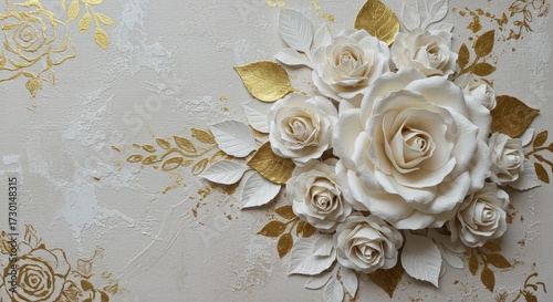 White rose wallpaper with gilded leaves on rustic plaster — sophisticated 3D embossed floral mural.