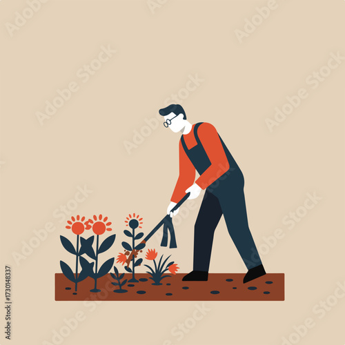 Minimalist gardener tending to flowers with a hand hoe in a brown earth bed