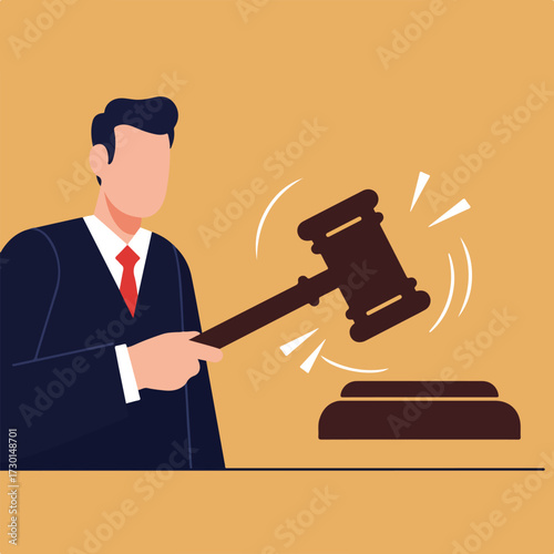 Judge with gavel, stylized illustration on tan background