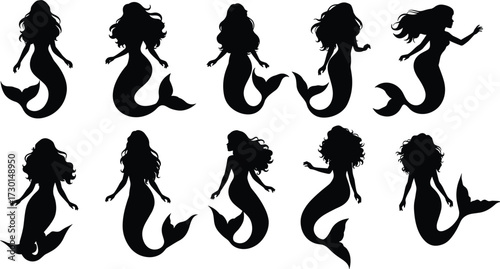 Mermaid silhouette collection, mystical siren clipart, underwater sea creature design, fantasy ocean artwork, aquatic princess vector, mythical marine illustration, magical art