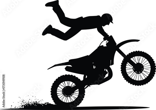 Black Silhouette of Motocross Rider Performing Freestyle Dirt Bike Stunt in Mid-Air for Extreme Sports Vector DesignBlack Silhouette of Motocross Rider Performing Freestyle Dirt Bike 
