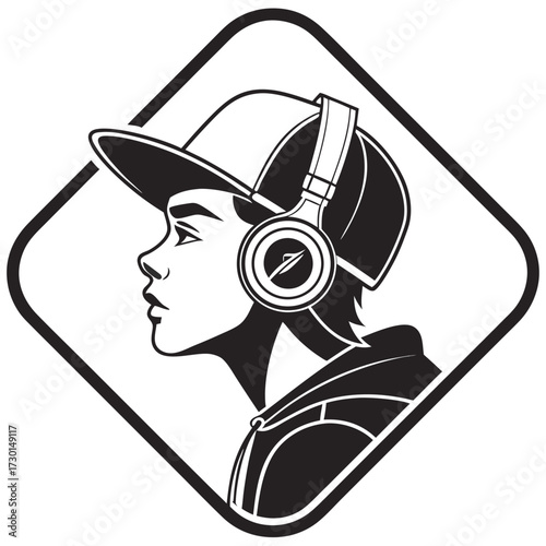 Stylized black and white profile portrait of a young person wearing headphones and a baseball cap depicted within a diamond shape representing music and youth culture