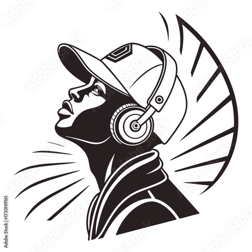Stylized black and white silhouette of a person wearing headphones and a baseball cap looking upwards with sound waves emanating