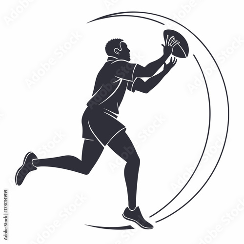 Dynamic silhouette of a rugby player in mid air catching the ball with speed and agility represented by abstract motion lines