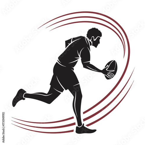 Dynamic silhouette of a rugby player running with the ball in motion lines illustrating speed and agility on a white background
