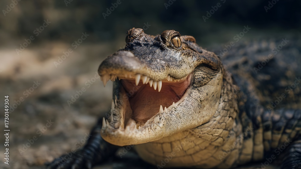 Fototapeta premium A detailed close up shows a fierce alligator opening its mouth revealing sharp teeth