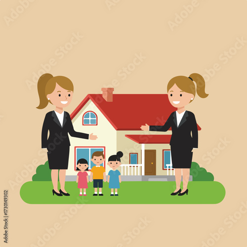 Family with two women in front of house