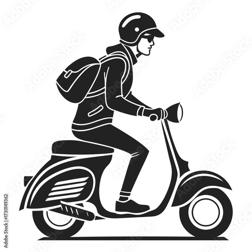 Stylized black and white silhouette illustration of a person wearing a helmet and sunglasses riding a classic scooter with a backpack