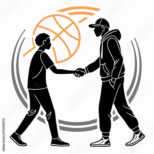 Two silhouetted figures one younger and one older shaking hands in front of a stylized basketball and circular design representing sportsmanship and mentorship