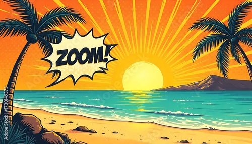 Vibrant comic book style beach scene with palm trees, ocean waves, and a stunning sunset with the word ZOOM!