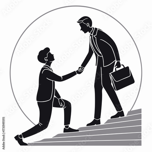 Silhouette of one businessman helping another up a set of stairs symbolizing mentorship support and career advancement within a circular frame