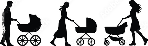 Silhouette vector of adults pushing various baby strollers in modern and traditional styles for parenting themesSilhouette vector of adults pushing various baby strollers in modern 