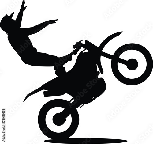 Silhouette vector of motorcycle stunt rider performing wheelie trick for extreme sports, action, and adventure themesSilhouette vector of motorcycle stunt rider performing wheelie trick