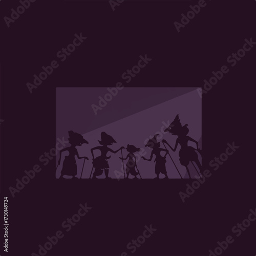 Silhouetted puppets on a screen, figures with hats and sticks on violet background