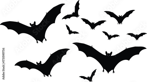 Flying bats silhouette illustration, spooky Halloween bat design
