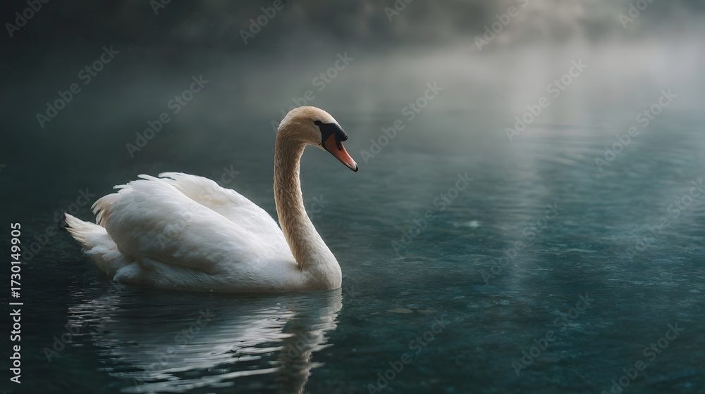 Fototapeta premium A graceful white swan swims serenely on a misty calm lake