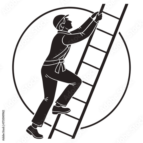 Silhouette of a construction worker wearing a cap and overalls climbing a ladder inside a circle symbolizing progress and achievement