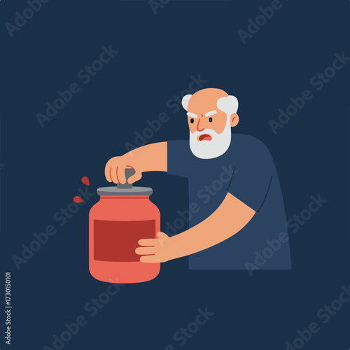 Old man struggles to open a jar