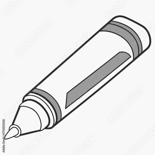 A simple black and white outline illustration of a pen with gray accents on its body and cap isolated on a white background