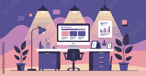 Night city view with a cartoon house and people working on a laptop at a desk in the office room interior