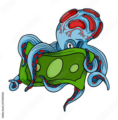 Vintage illustration of Blue Kraken monster grips money with tentacles for crisis and depression in the economy. Can be used for t-shirts, merchandise, screen printing and music festival activities