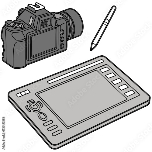 Digital illustration of a dslr camera a stylus pen and a graphic drawing tablet with buttons and a touch surface on a white background