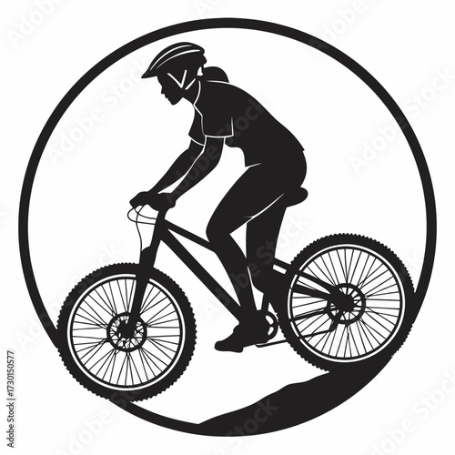 Silhouette of a woman mountain biking with a helmet on her head riding a bicycle with knobby tires within a circular frame conveying outdoor adventure and active lifestyle