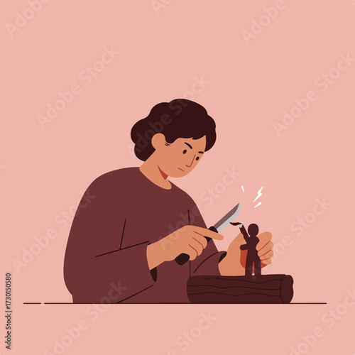 Woman carves a wooden figure with knife against a pink background