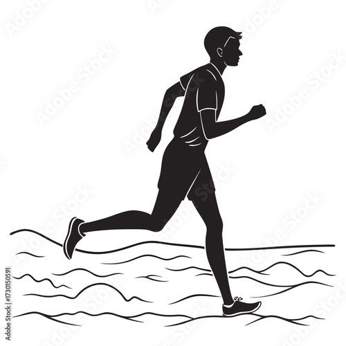 Silhouette of a young man running with determination across a wavy landscape symbolizing fitness and outdoor activity